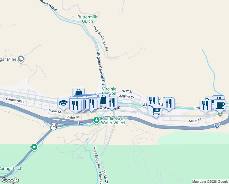 map of restaurants, bars, coffee shops, grocery stores, and more near 1900 Wall Street in Idaho Springs