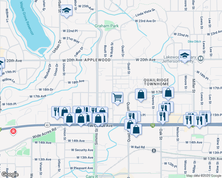 map of restaurants, bars, coffee shops, grocery stores, and more near 1723 North Robb Street in Lakewood