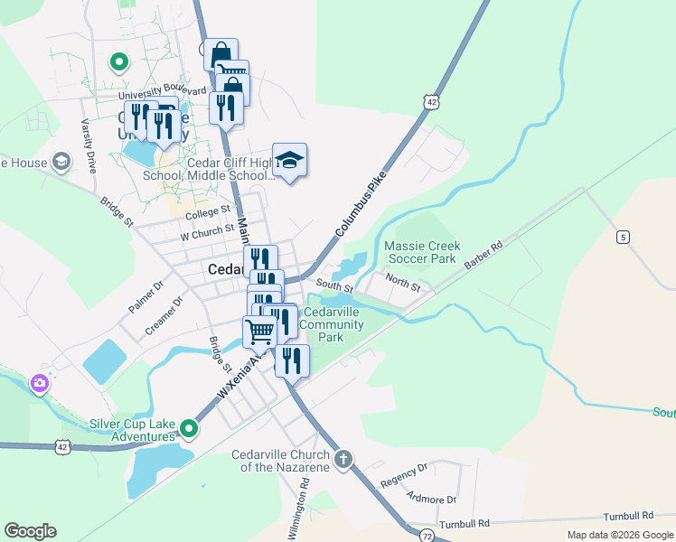 map of restaurants, bars, coffee shops, grocery stores, and more near 19 South Street in Cedarville
