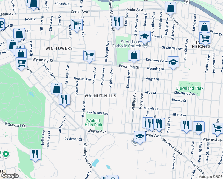 map of restaurants, bars, coffee shops, grocery stores, and more near 1124 Highland Avenue in Dayton