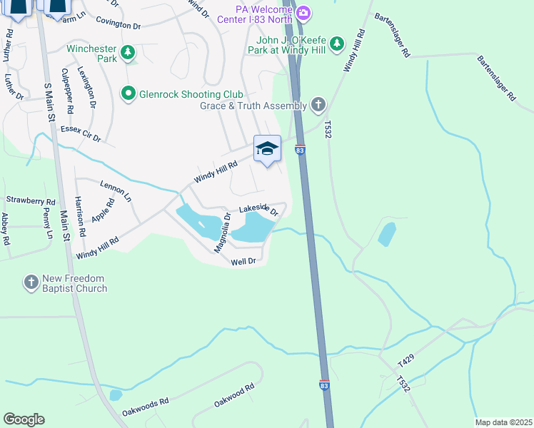 map of restaurants, bars, coffee shops, grocery stores, and more near 541 Lakeside Drive in New Freedom