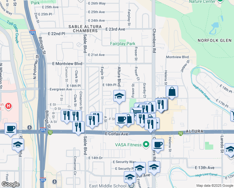 map of restaurants, bars, coffee shops, grocery stores, and more near 1731 Altura Boulevard in Aurora