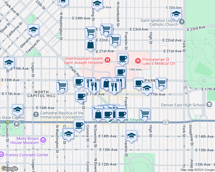 map of restaurants, bars, coffee shops, grocery stores, and more near 1727 North Lafayette Street in Denver