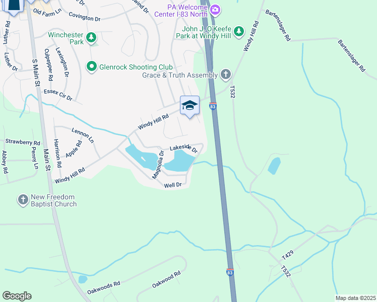 map of restaurants, bars, coffee shops, grocery stores, and more near 541 Lakeside Drive in New Freedom