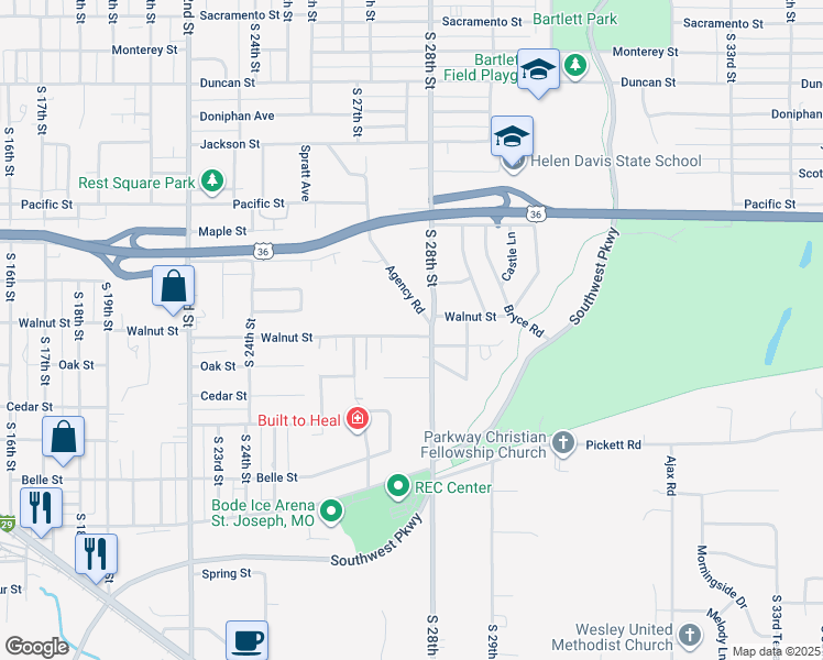 map of restaurants, bars, coffee shops, grocery stores, and more near 2717 Walnut Street in Saint Joseph
