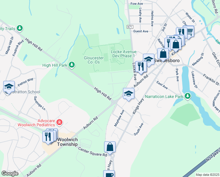 map of restaurants, bars, coffee shops, grocery stores, and more near 121 High Hill Road in Swedesboro