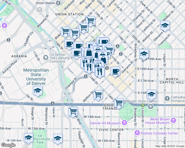 map of restaurants, bars, coffee shops, grocery stores, and more near 1420 Stout Street in Denver