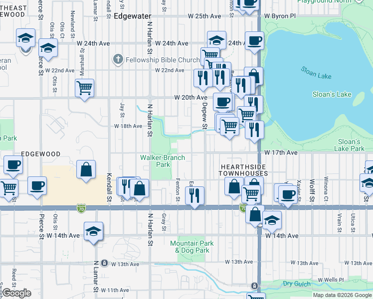 map of restaurants, bars, coffee shops, grocery stores, and more near 1702 Fenton Street in Lakewood