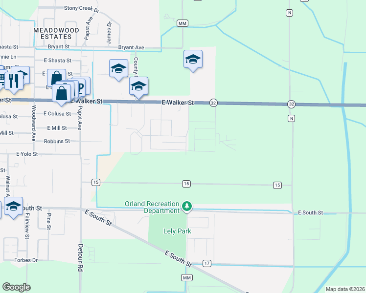 map of restaurants, bars, coffee shops, grocery stores, and more near 1579 Oakwood Drive in Orland