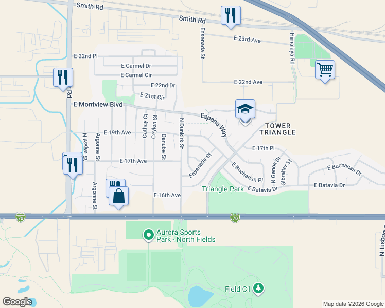 map of restaurants, bars, coffee shops, grocery stores, and more near 19385 East Batavia Place in Aurora