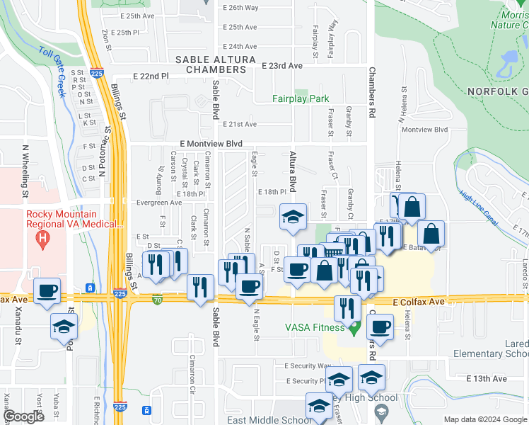 map of restaurants, bars, coffee shops, grocery stores, and more near 1738 Eagle Circle in Aurora
