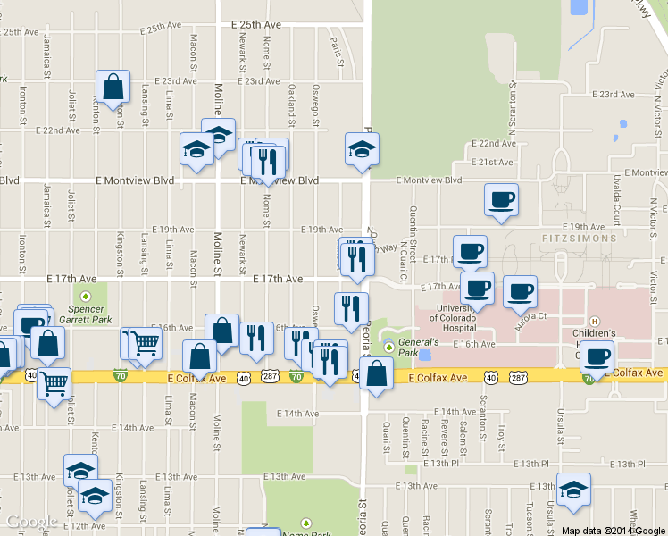 map of restaurants, bars, coffee shops, grocery stores, and more near 1709 Paris Street in Aurora