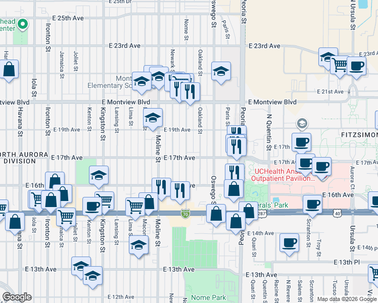 map of restaurants, bars, coffee shops, grocery stores, and more near 1700 Nome Street in Aurora