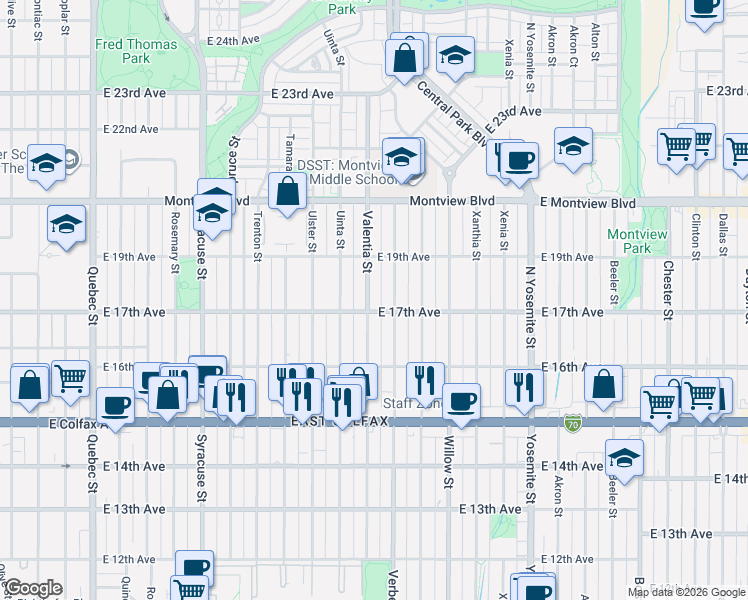 map of restaurants, bars, coffee shops, grocery stores, and more near 1701 Valentia Street in Denver