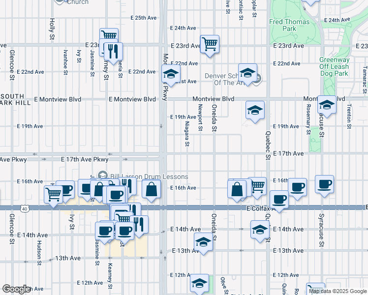 map of restaurants, bars, coffee shops, grocery stores, and more near 6603 East 17th Avenue in Denver