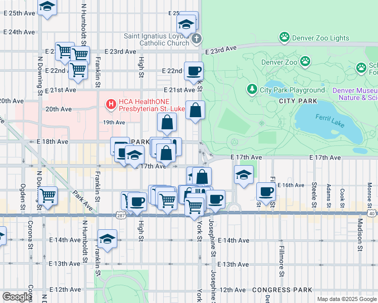 map of restaurants, bars, coffee shops, grocery stores, and more near 1733 North Gaylord Street in Denver
