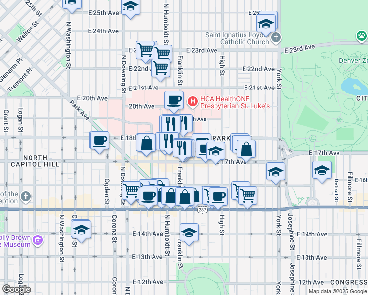 map of restaurants, bars, coffee shops, grocery stores, and more near 1735 Franklin Street in Denver