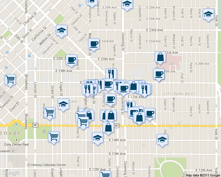 map of restaurants, bars, coffee shops, grocery stores, and more near 1734 North Ogden Street in Denver