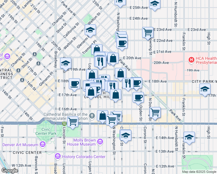 map of restaurants, bars, coffee shops, grocery stores, and more near 1747 North Washington Street in Denver
