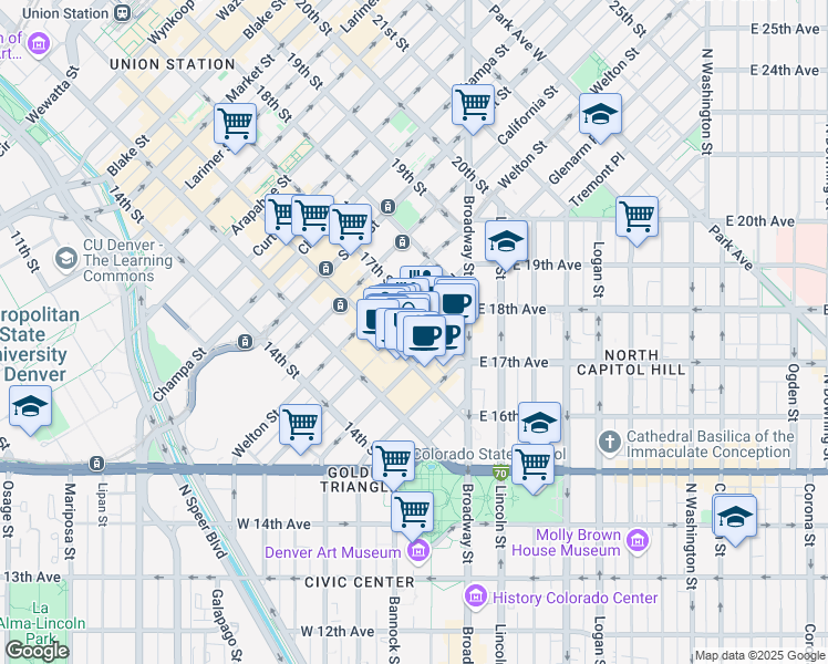 map of restaurants, bars, coffee shops, grocery stores, and more near 1600 Glenarm Place in Denver