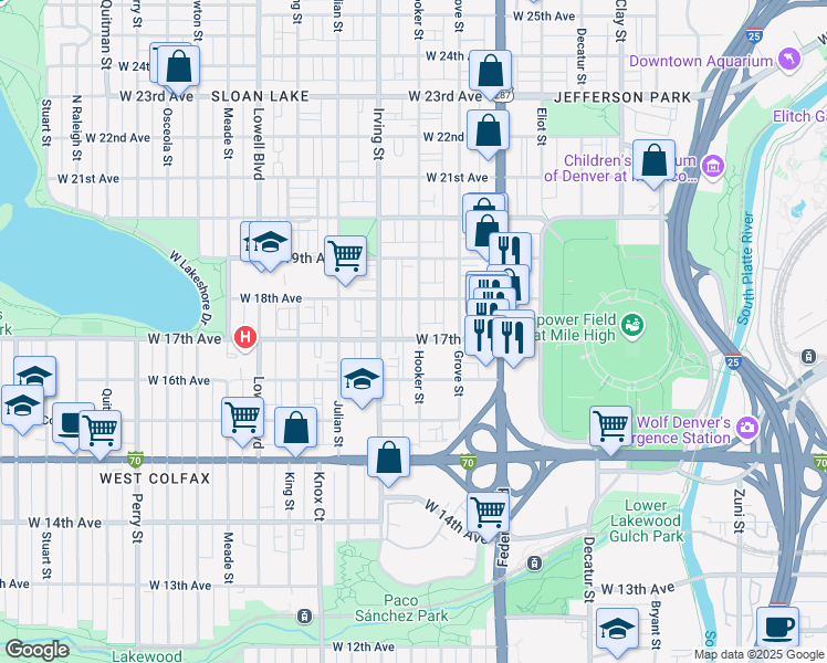 map of restaurants, bars, coffee shops, grocery stores, and more near 3211 West 17th Avenue in Denver