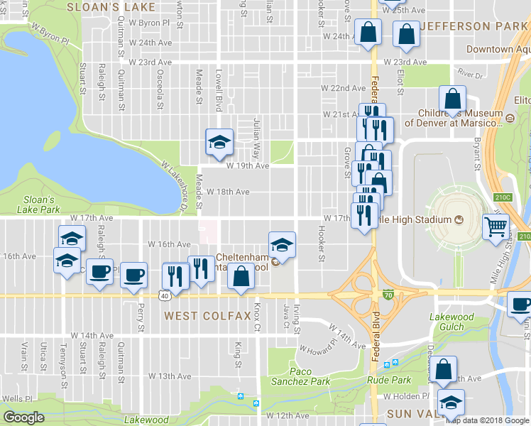 map of restaurants, bars, coffee shops, grocery stores, and more near 3398 West 17th Avenue in Denver