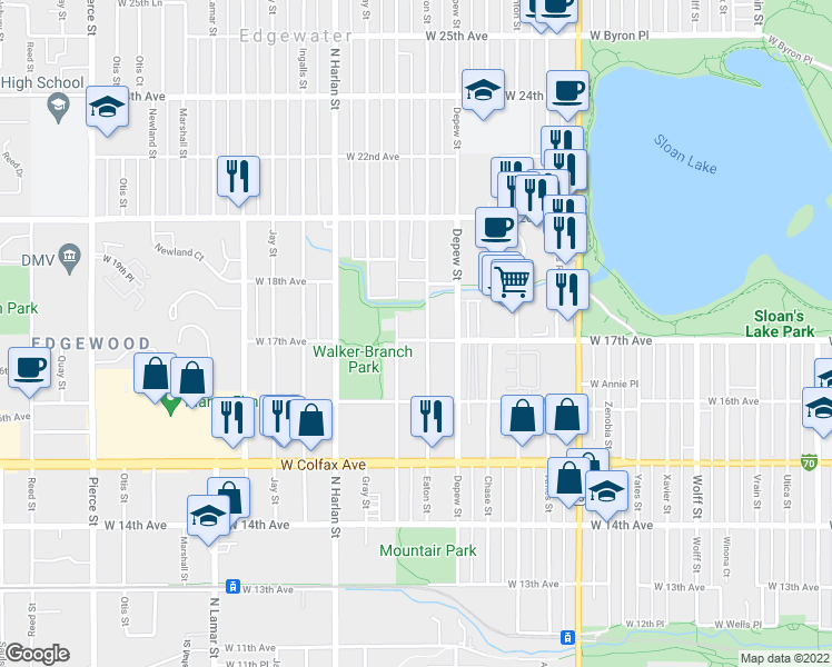 map of restaurants, bars, coffee shops, grocery stores, and more near 1702 Fenton Street in Lakewood