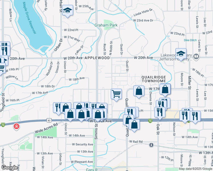map of restaurants, bars, coffee shops, grocery stores, and more near 1750 Simms Street in Lakewood