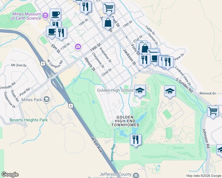 map of restaurants, bars, coffee shops, grocery stores, and more near 1102 24th Street in Golden