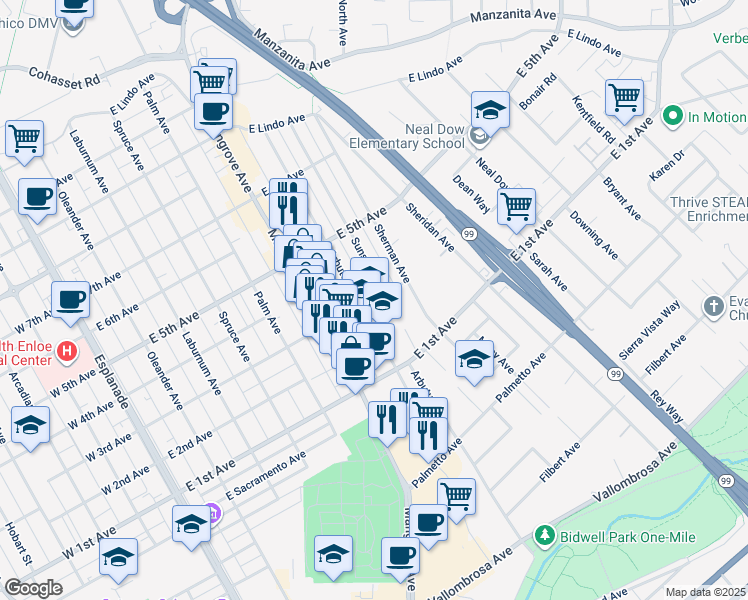 map of restaurants, bars, coffee shops, grocery stores, and more near 1304 Arbutus Avenue in Chico