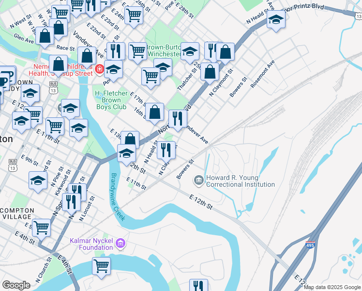 map of restaurants, bars, coffee shops, grocery stores, and more near 1201 East 15th Street in Wilmington