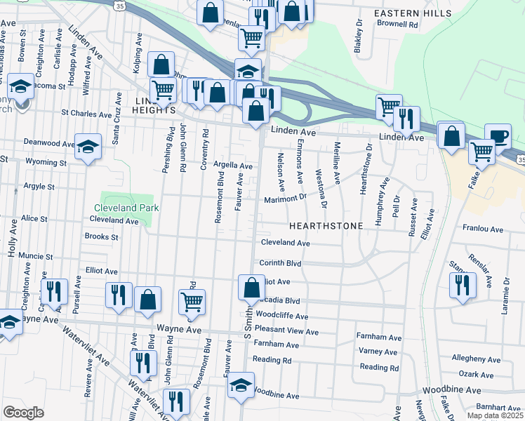 map of restaurants, bars, coffee shops, grocery stores, and more near 1634 South Smithville Road in Dayton