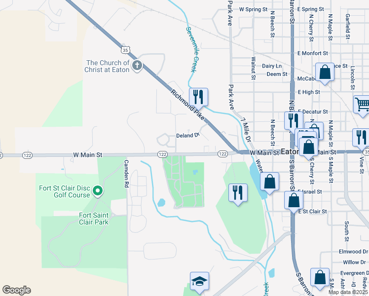 map of restaurants, bars, coffee shops, grocery stores, and more near 100 Lutheran Drive in Eaton