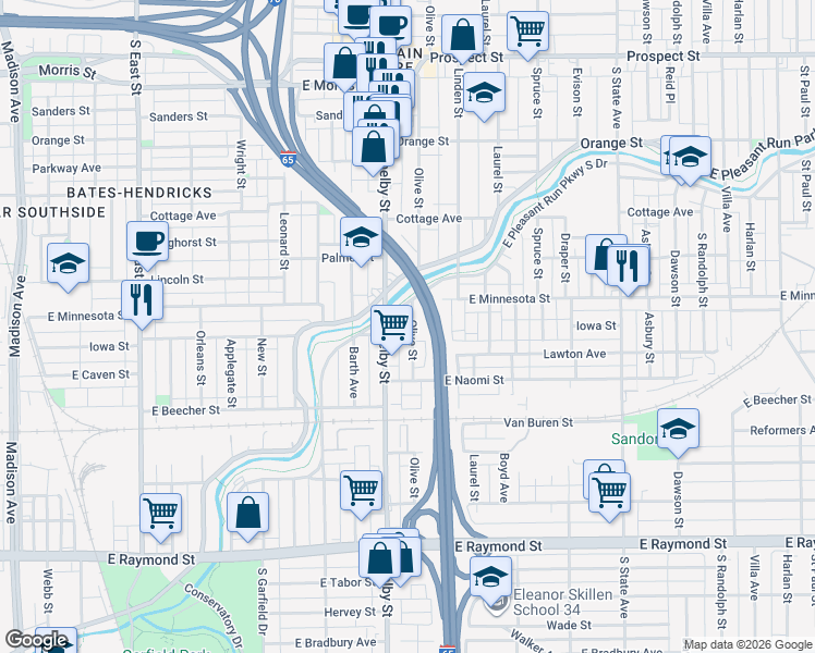 map of restaurants, bars, coffee shops, grocery stores, and more near 1746 Olive Street in Indianapolis