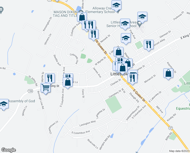 map of restaurants, bars, coffee shops, grocery stores, and more near 122 Roberta Jean Avenue in Littlestown
