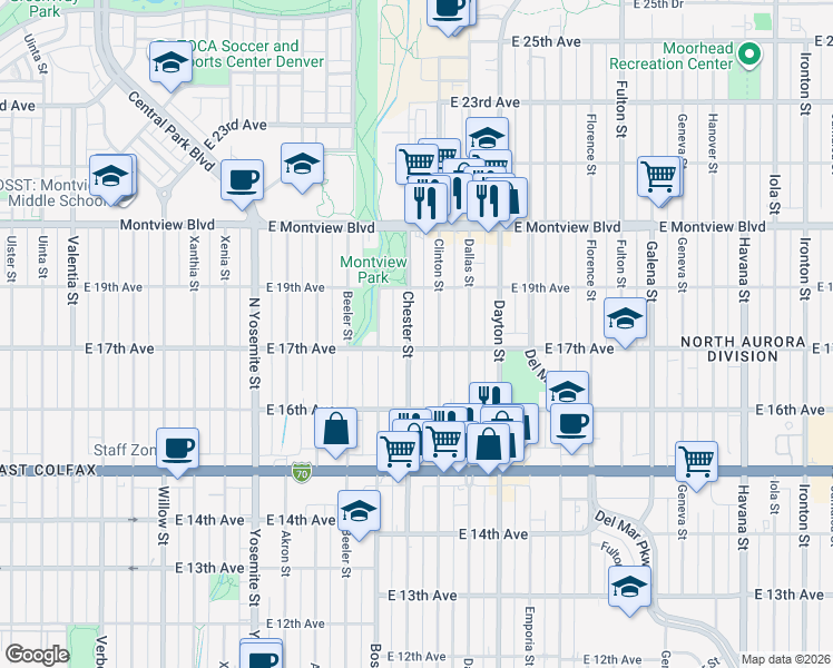 map of restaurants, bars, coffee shops, grocery stores, and more near in Aurora