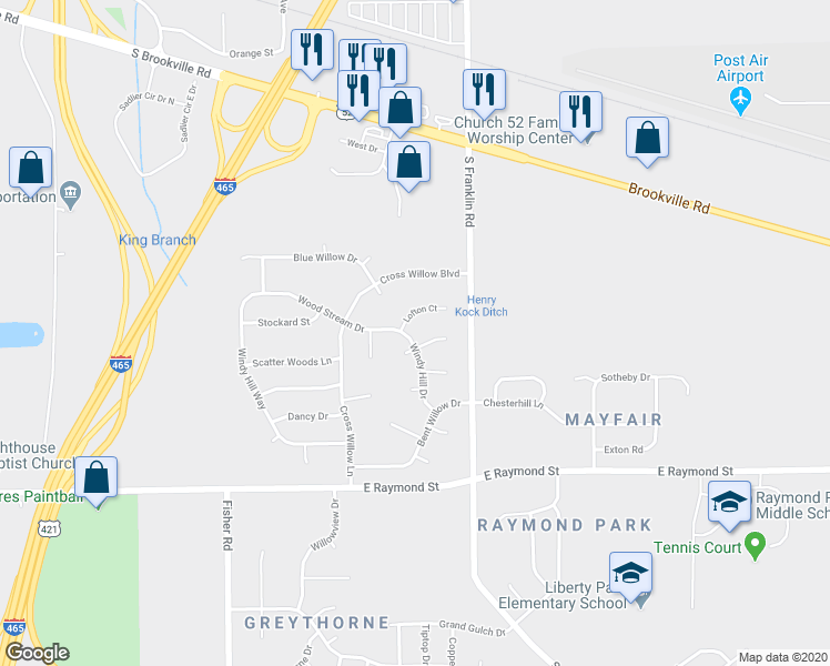 map of restaurants, bars, coffee shops, grocery stores, and more near 1911 Windy Hill Drive in Indianapolis