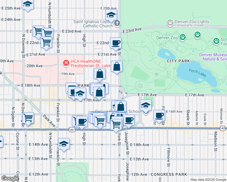 map of restaurants, bars, coffee shops, grocery stores, and more near 1750 North Gaylord Street in Denver