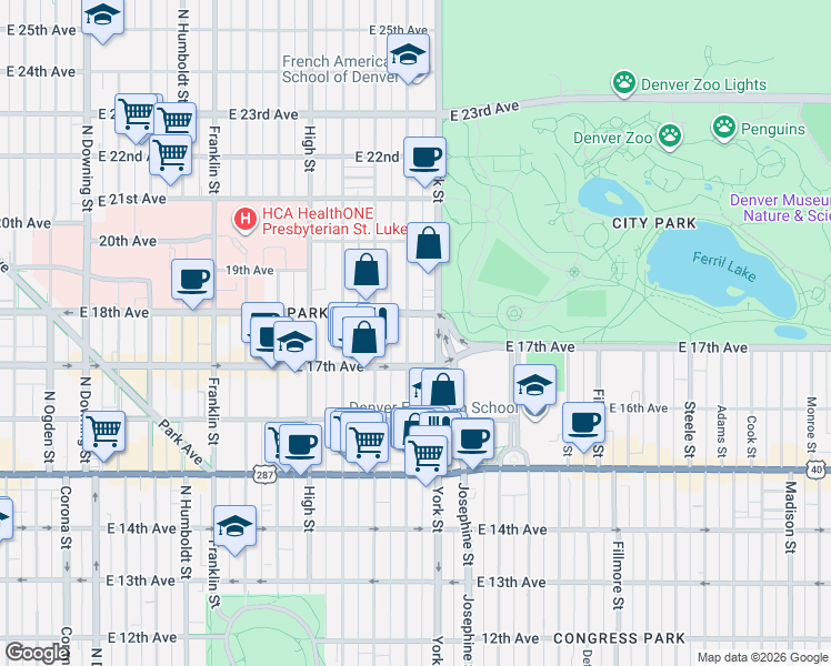 map of restaurants, bars, coffee shops, grocery stores, and more near 1750 North Gaylord Street in Denver