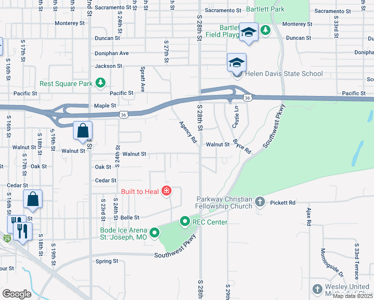 map of restaurants, bars, coffee shops, grocery stores, and more near 2717 Walnut Street in Saint Joseph