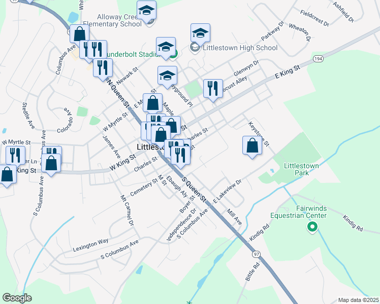 map of restaurants, bars, coffee shops, grocery stores, and more near 41 Lumber Street in Littlestown