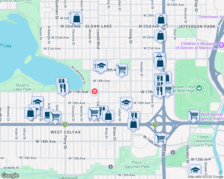 map of restaurants, bars, coffee shops, grocery stores, and more near in Denver