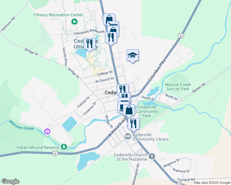 map of restaurants, bars, coffee shops, grocery stores, and more near in Cedarville