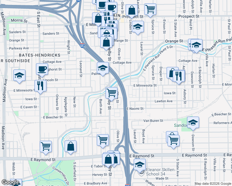 map of restaurants, bars, coffee shops, grocery stores, and more near 1746 Olive Street in Indianapolis