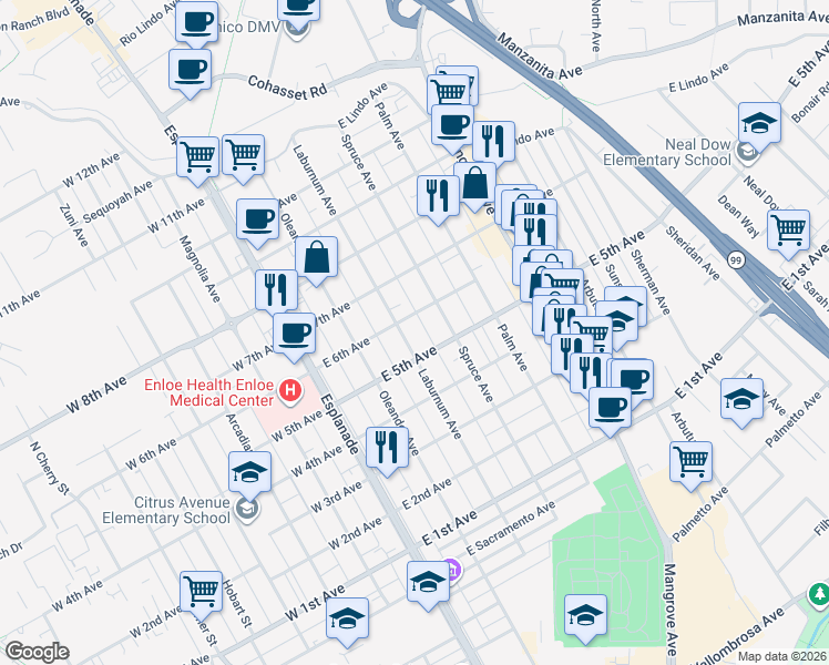 map of restaurants, bars, coffee shops, grocery stores, and more near 1544 Laburnum Avenue in Chico