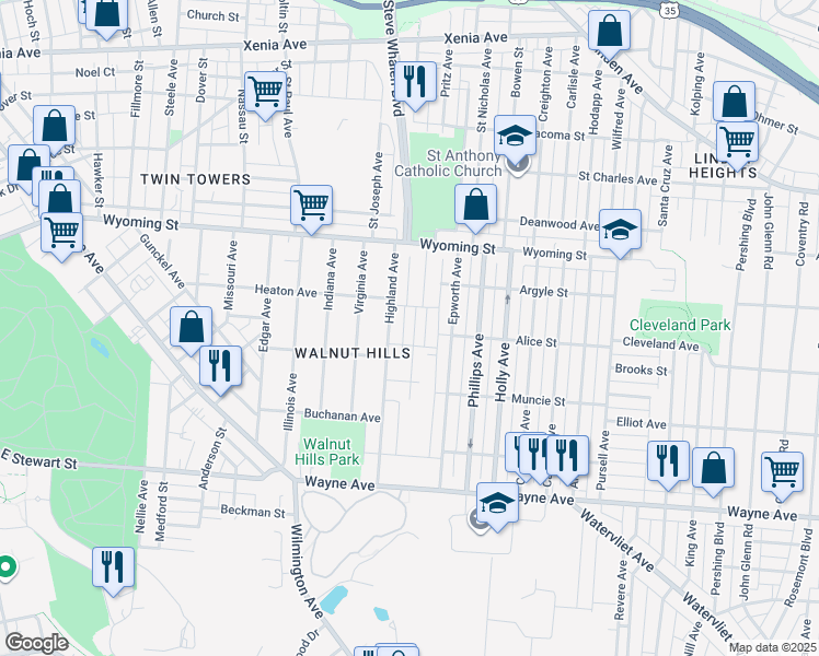 map of restaurants, bars, coffee shops, grocery stores, and more near 1123 Pritz Avenue in Dayton