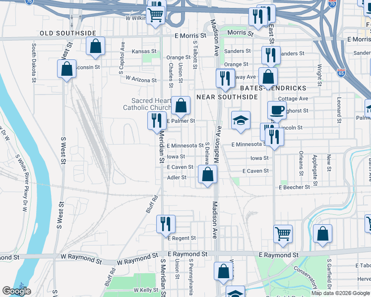 map of restaurants, bars, coffee shops, grocery stores, and more near 1717 Union Street in Indianapolis