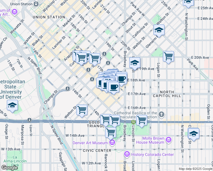 map of restaurants, bars, coffee shops, grocery stores, and more near 1621 Glenarm Place in Denver