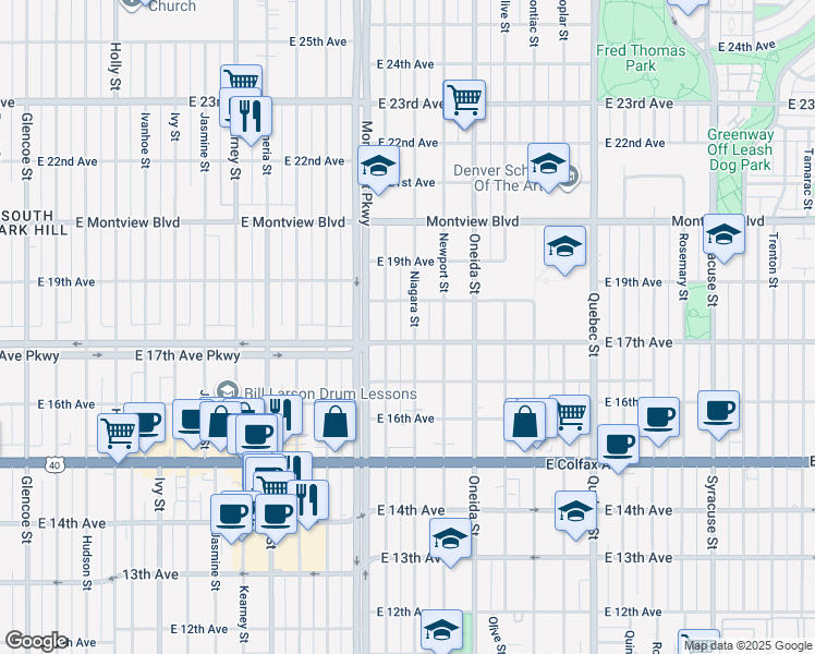 map of restaurants, bars, coffee shops, grocery stores, and more near 6603 East 17th Avenue in Denver