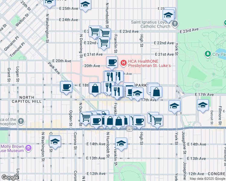 map of restaurants, bars, coffee shops, grocery stores, and more near 1735 Franklin Street in Denver